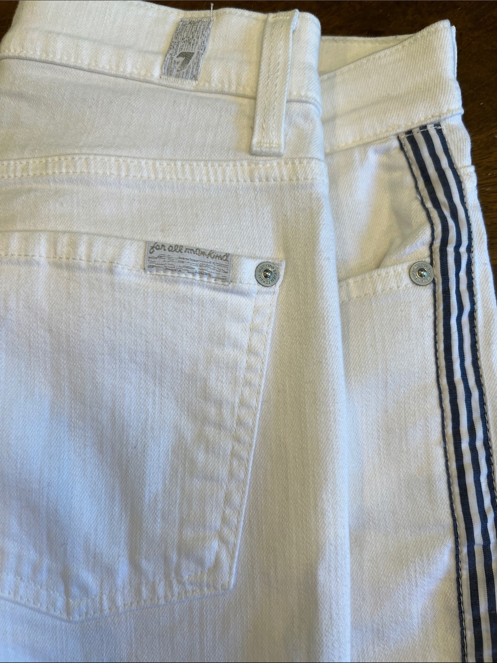 7 For All Mankind White Jeans with Navy Stripe